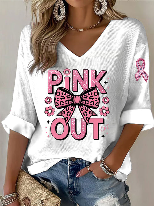 Жените розов лък случайни дълги ръкави тениска