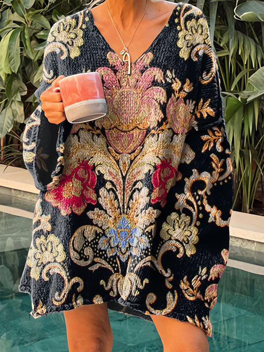 Жените реколта етнически флорални изкуство v-врата пуловер
