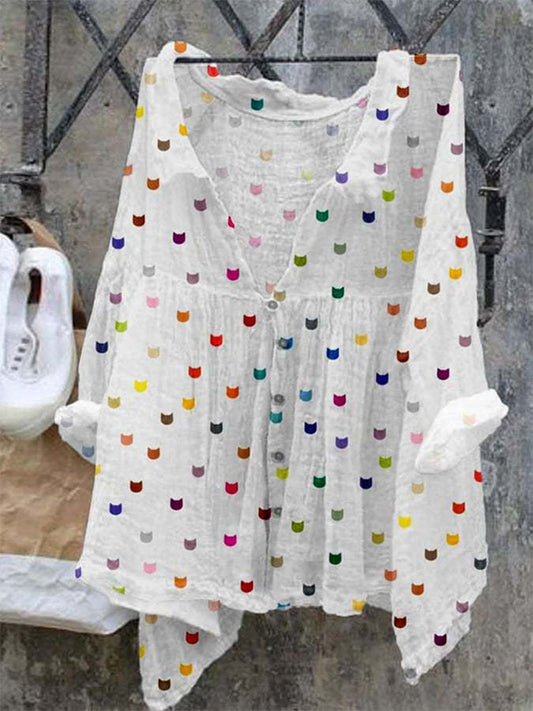 Жените случайни v-neck котка графично изкуство печат удобна риза рокля