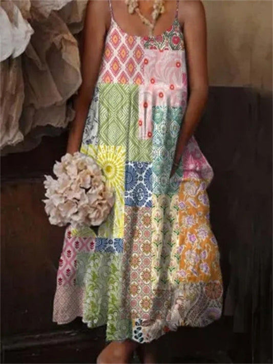 Дамски цветни изкуство печат случайни каишка курортна рокля