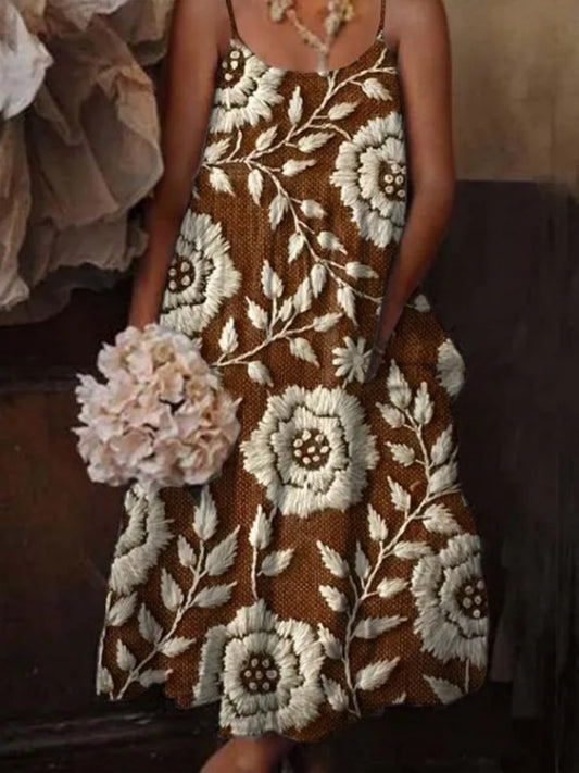 Дамски цветни изкуство печат джоб v-neck средата ръкав рокля