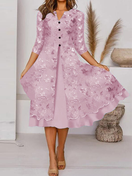 Дамски цветни изкуство печат джоб v-neck средата ръкав рокля