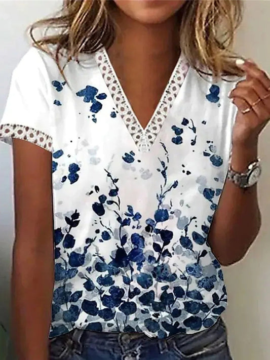 Жените случайни v-neck флорален печат къс ръкав топ тениска