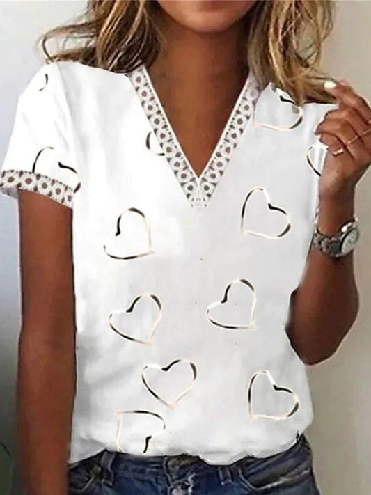 Жените случайни v-neck любов печатни къси ръкави топ тениска