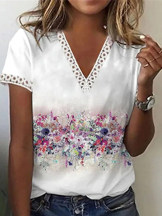 Жените случайни v-neck флорален печат къс ръкав топ тениска