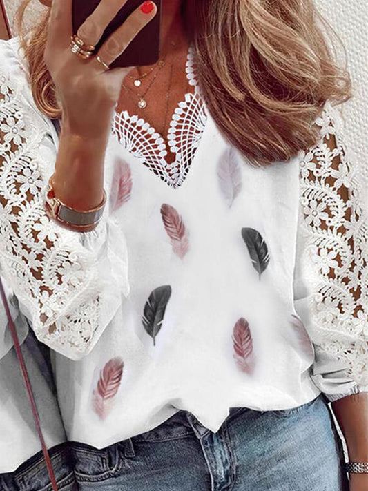 Жените случайни v-врата дантела перо печат пачуърк с дълги ръкави риза отгоре
