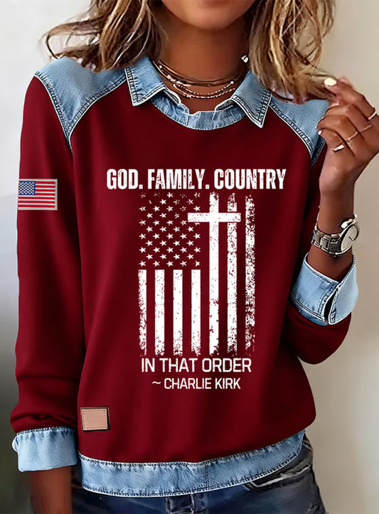 Жените "freedom isn't free" американски флаг печат случайни с дълги ръкави top