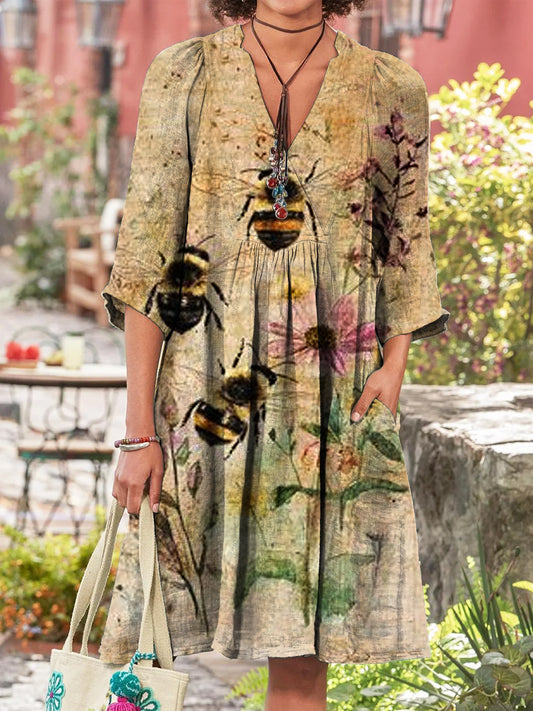 Ретро пчела бохо цветен печат реколта шик v-neck памук с дълги ръкави midi рокля