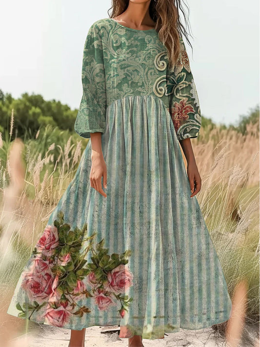 Ретро бохо цветен печат реколта шик кръгла врата памук с дълги ръкави midi рокля