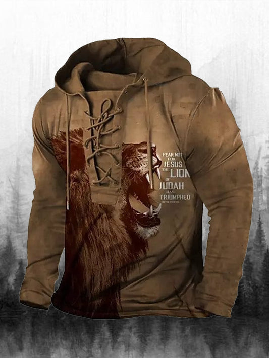 Мъжки ретро печат случайни дълги ръкави качулка суитчър отгоре