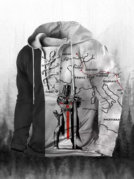 Мъжки ретро печат случайни дълги ръкави качулка суитчър отгоре