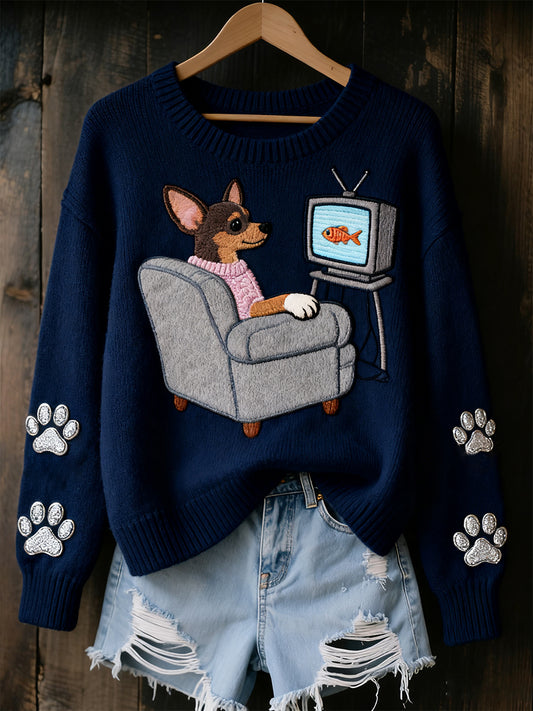 Жените реколта изкуство животински печат уютен плетен пуловер