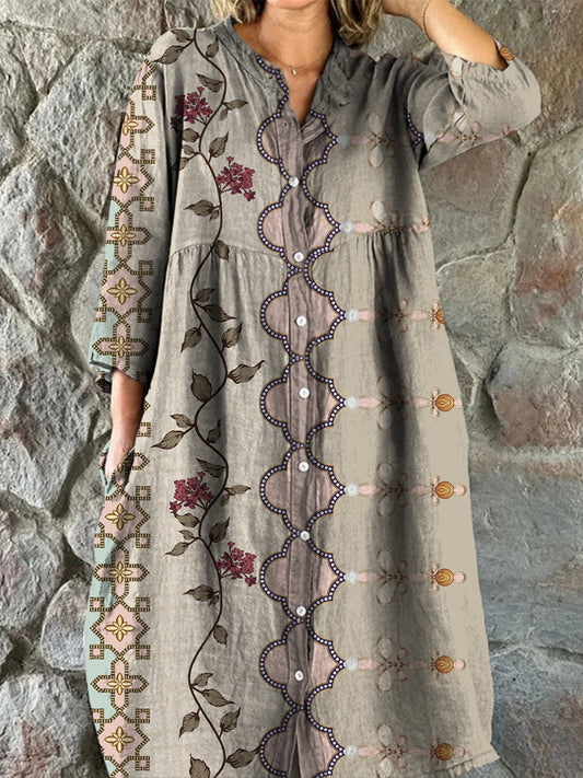 Ретро бохо цветни изкуство печат реколта шик v-врата бутон до дълъг ръкав midi рокля