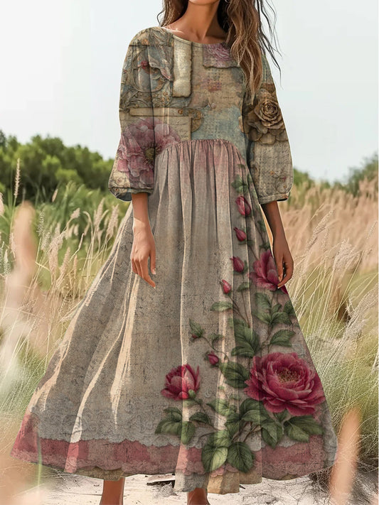 Ретро бохо цветни изкуство печат реколта шик v-врата бутон до дълъг ръкав midi рокля