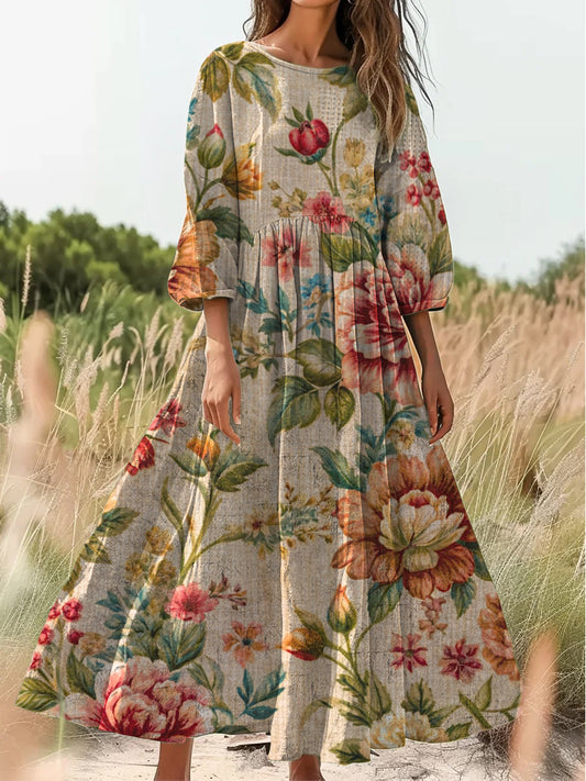 Ретро бохо цветни изкуство печат реколта шик v-врата бутон до дълъг ръкав midi рокля