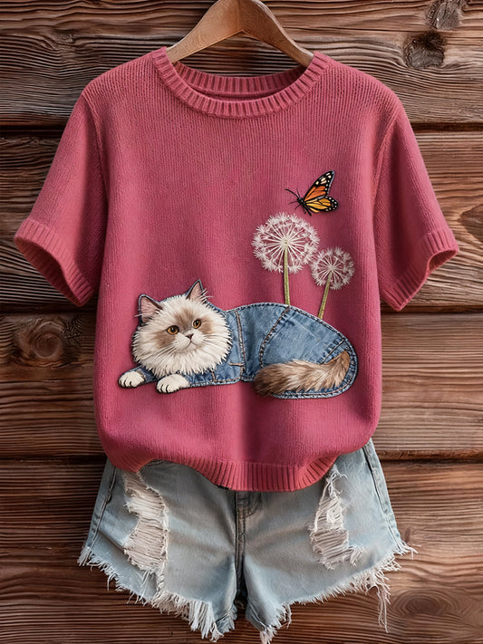 Жените реколта изкуство животински печат уютен плетен къс ръкав пуловер