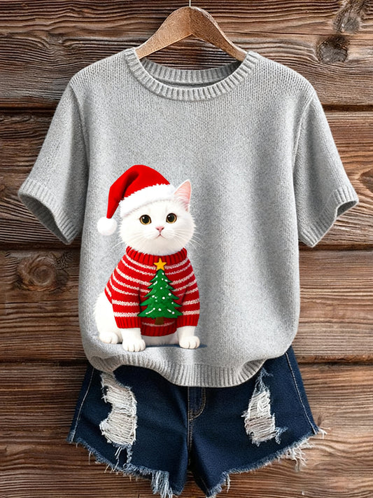 Жените реколта изкуство животински печат уютен плетен къс ръкав пуловер