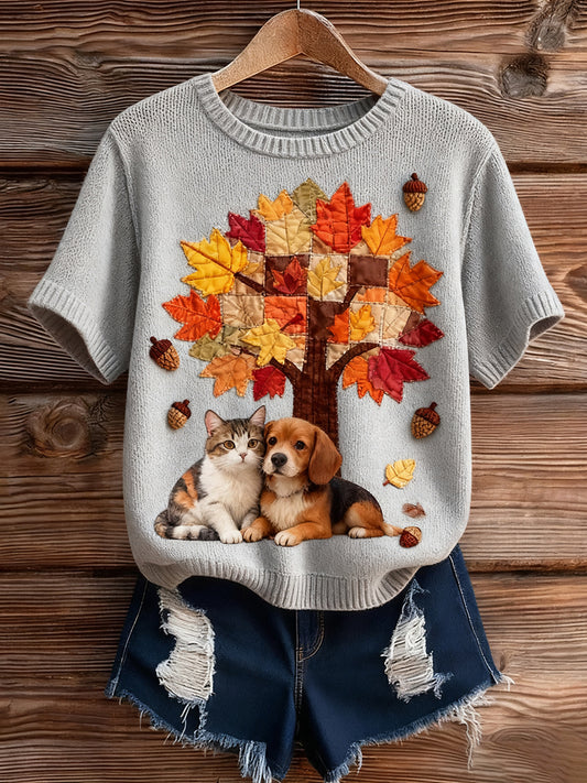 Жените реколта изкуство животински печат уютен плетен къс ръкав пуловер