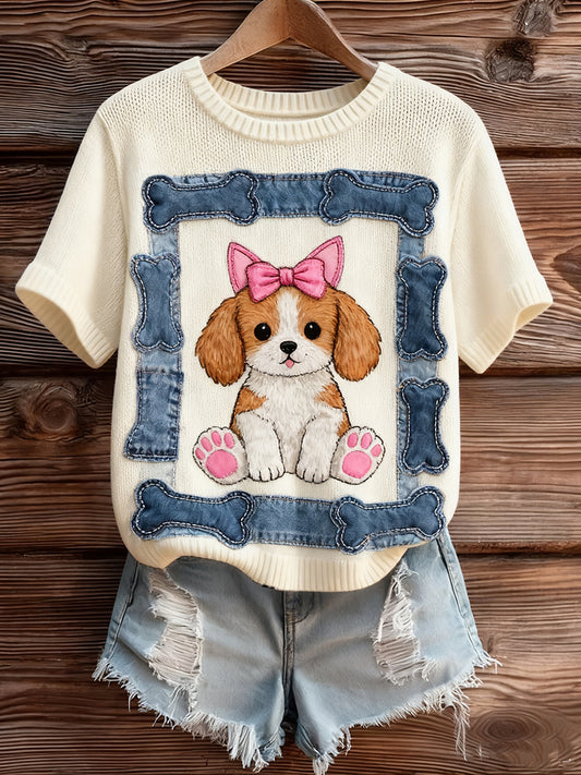 Жените реколта изкуство животински печат уютен плетен къс ръкав пуловер