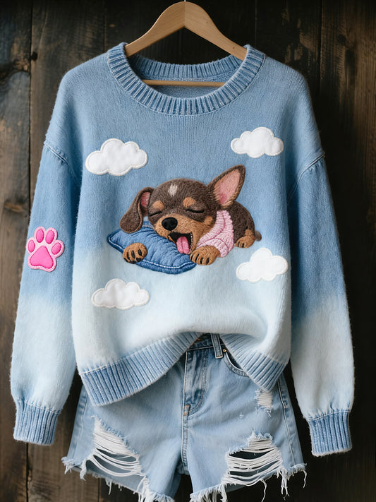 Жените реколта изкуство животински печат уютен плетен пуловер