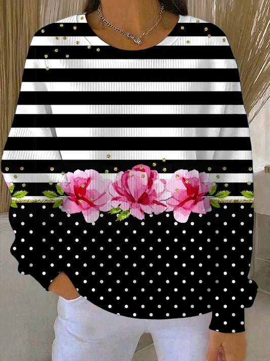 Дамски шик черно-бяла ивица & розов цветен суитчър