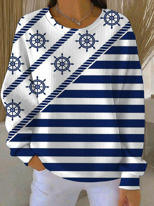 Дамски морски стил бяло и синьо райета суитчър с модели на корабни колела