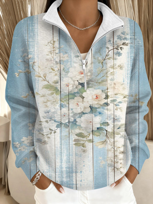 Дамски елегантен син флорален печат щанд-яка суитчър