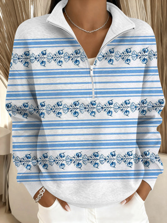 Дамски елегантна синя флорална ивица щанд-яка суитчър