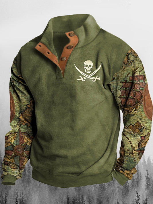 Мъжки ретро скелет ветроходство приключение печат стойка яка бутон флъш открито суитчър