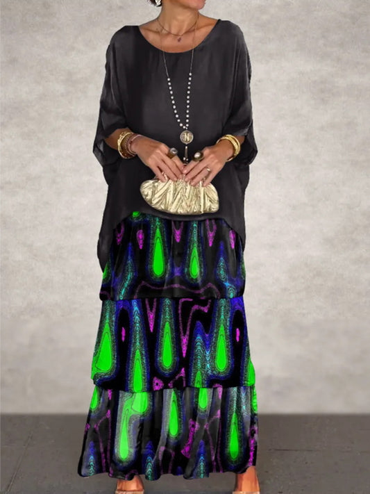 Жените реколта изкуство печат прилеп ръкав торта макси рокля