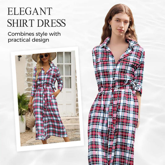 🧵 Дамска карирана риза с колан – класическа рокля с копчета и дълги ръкави