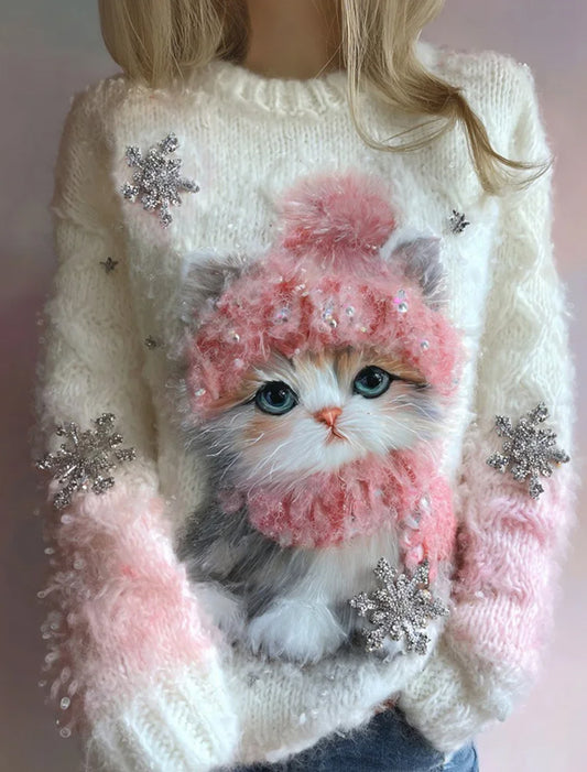 Жените реколта коледа изкуство печат уютен пуловер