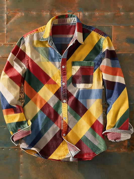 Мъжки ретро абстрактно изкуство печат случайни с дълги ръкави риза