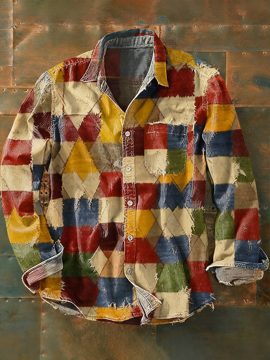 Мъжки ретро абстрактно изкуство печат случайни с дълги ръкави риза