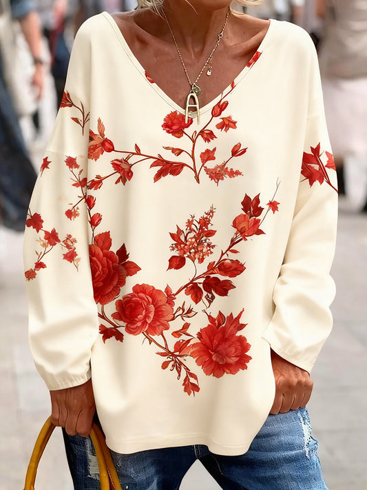 Жените реколта изкуство флорален печат комфорт топ