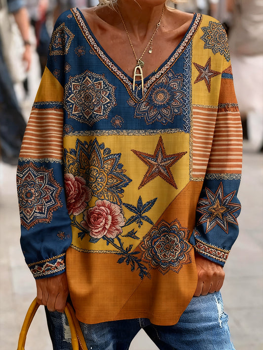 Жените реколта изкуство флорален печат комфорт топ