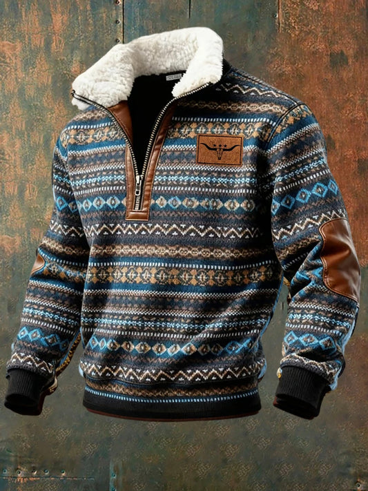 Мъжки ретро западна изкуство печат случайни цип козина яка суитчър