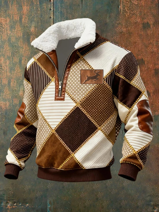 Мъжки ретро западна изкуство печат случайни цип козина яка суитчър