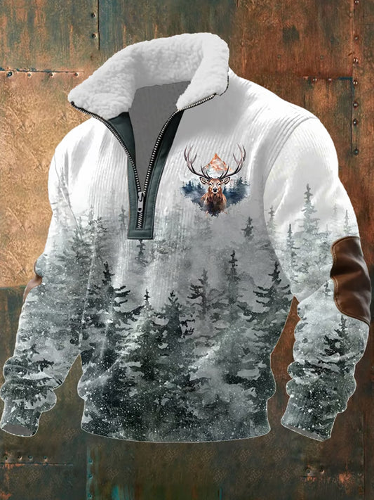 Мъжки ретро западна изкуство печат случайни цип козина яка суитчър