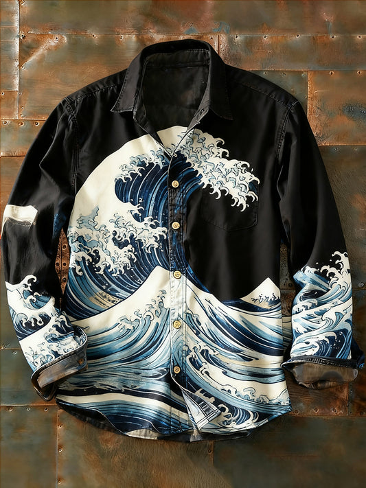 Мъжки ретро абстрактно изкуство печат случайни с дълги ръкави риза