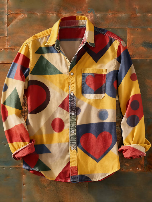 Мъжки ретро абстрактно изкуство печат случайни с дълги ръкави риза