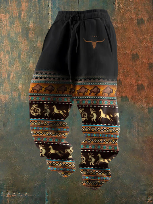 Мъжки ретро western печат хлабав ежедневни панталони
