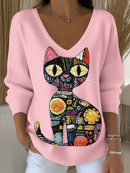 Дамски артистични котка v-neck top
