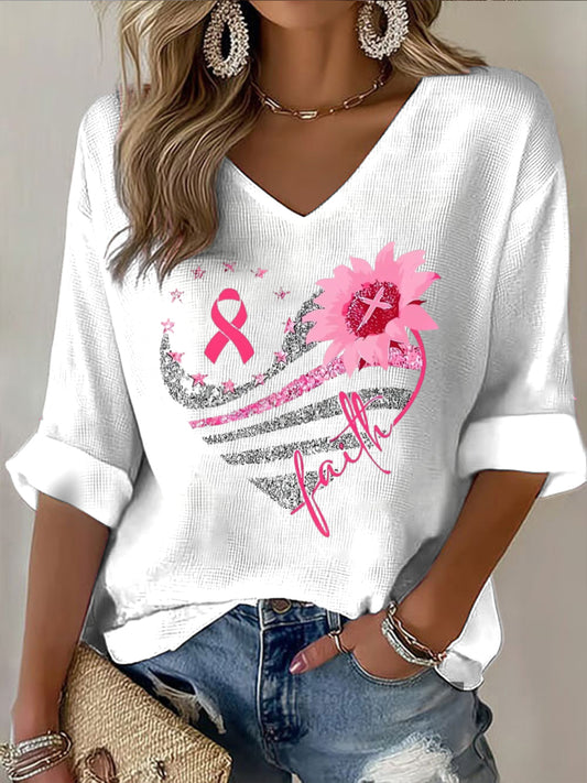 Жените октомври осведоменост за рак на гърдата v-neck случайни топ
