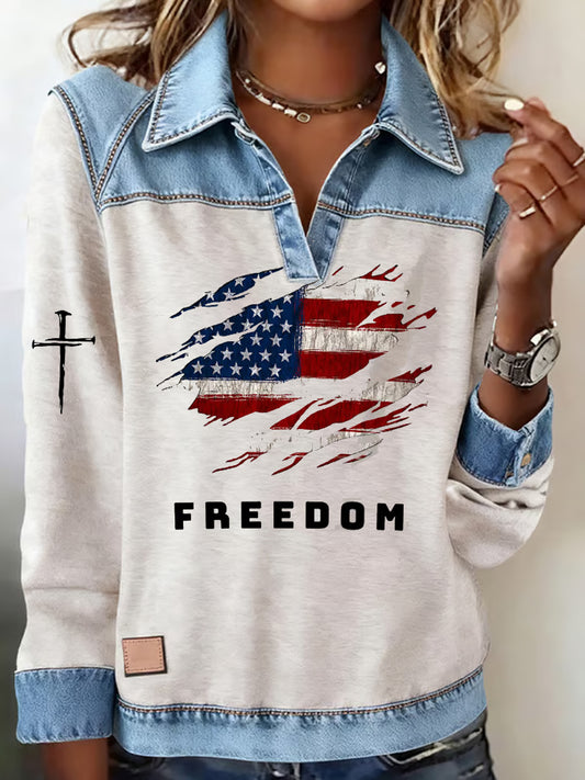 Жените "freedom isn't free" американски флаг печат случайни с дълги ръкави top