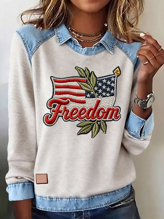 Жените "freedom isn't free" американски флаг печат случайни с дълги ръкави top
