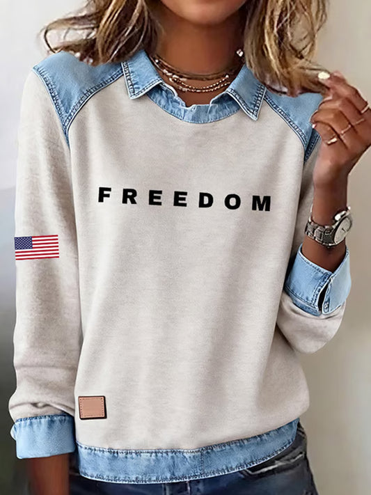 Жените "freedom isn't free" американски флаг печат случайни с дълги ръкави top