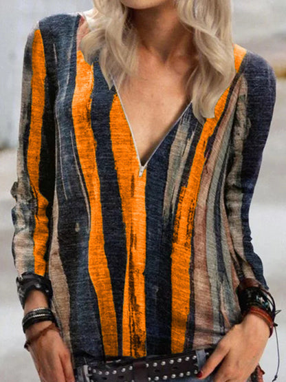 Жените случайни v-врата вратовръзка боя ивица печат дълъг ръкав тениска отгоре