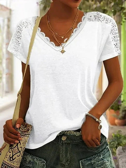 Жените случайни v-врата дантела шевове плътен цвят къси ръкави топ тениска