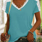 Жените случайни v-врата дантела шевове плътен цвят къси ръкави топ тениска